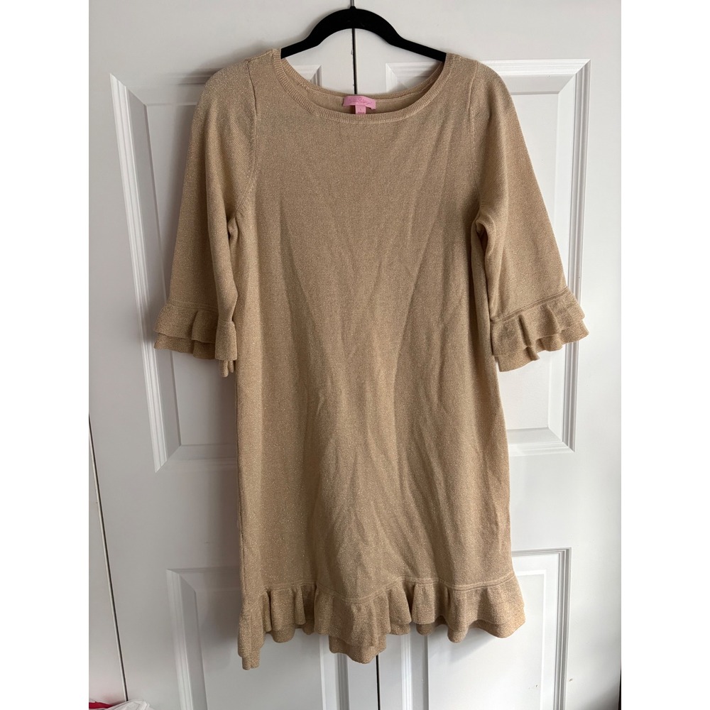 Lilly Pulitzer Helena Metallic Gold Merino Wool Ruffle Sweater Dress Size Large